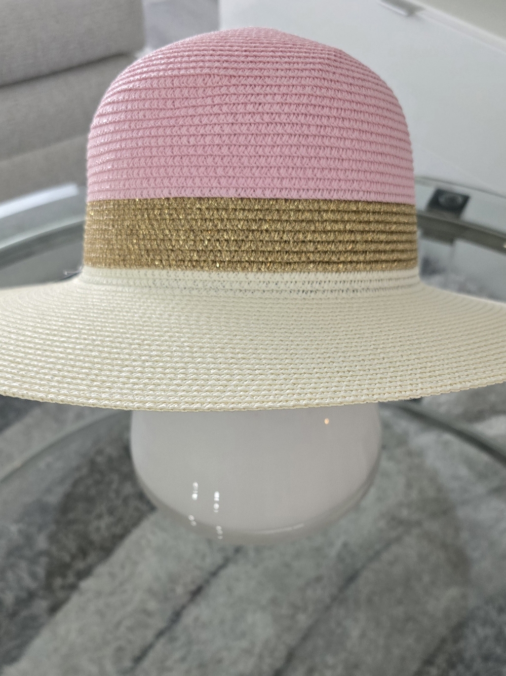 Women’s Pink Crown Straw Sun Hat with Gold Band and Cream Brim